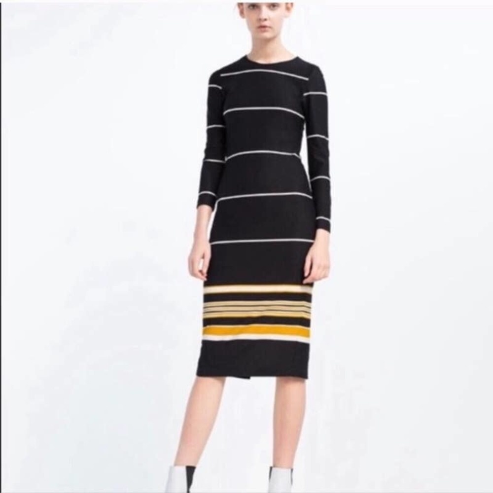 ZARA Striped Midi Dress Long Sleeve Bodycon, Black